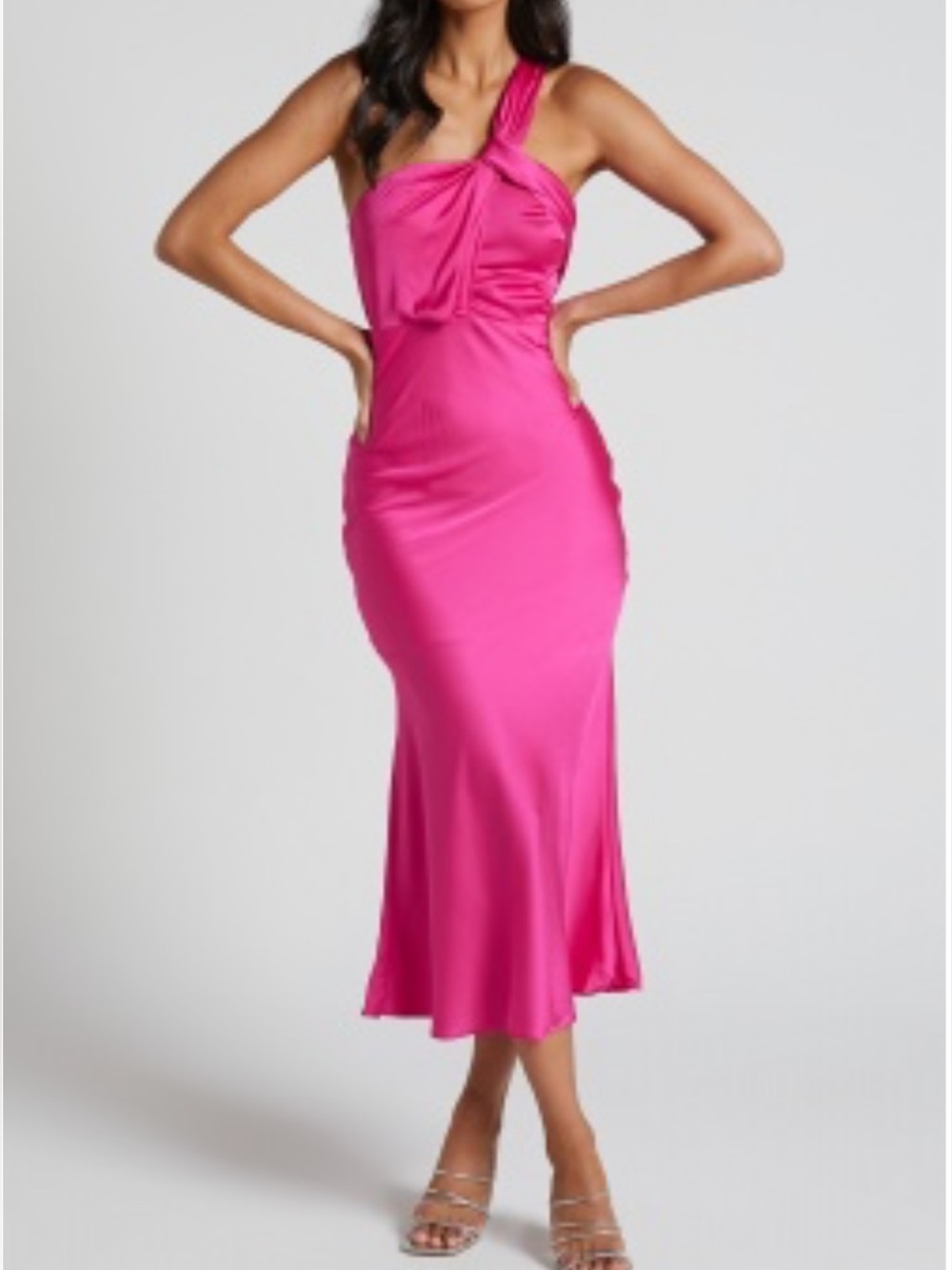 Showpo One-Shoulder Knot Midi Dress in Hot Pink